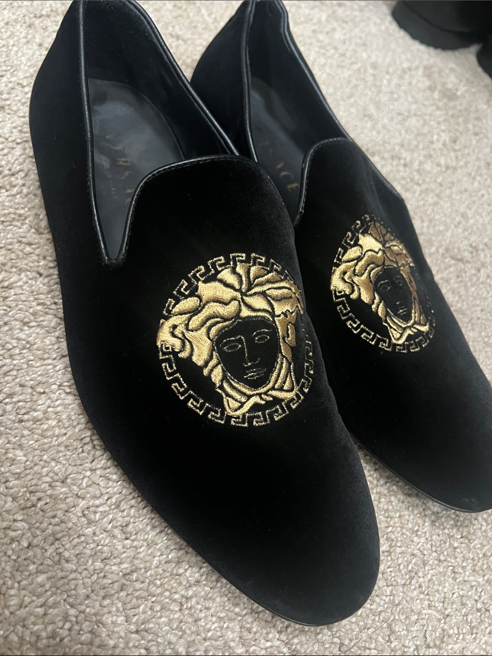 Versace Black Velvet Loafers with Gold Medusa Embroidery